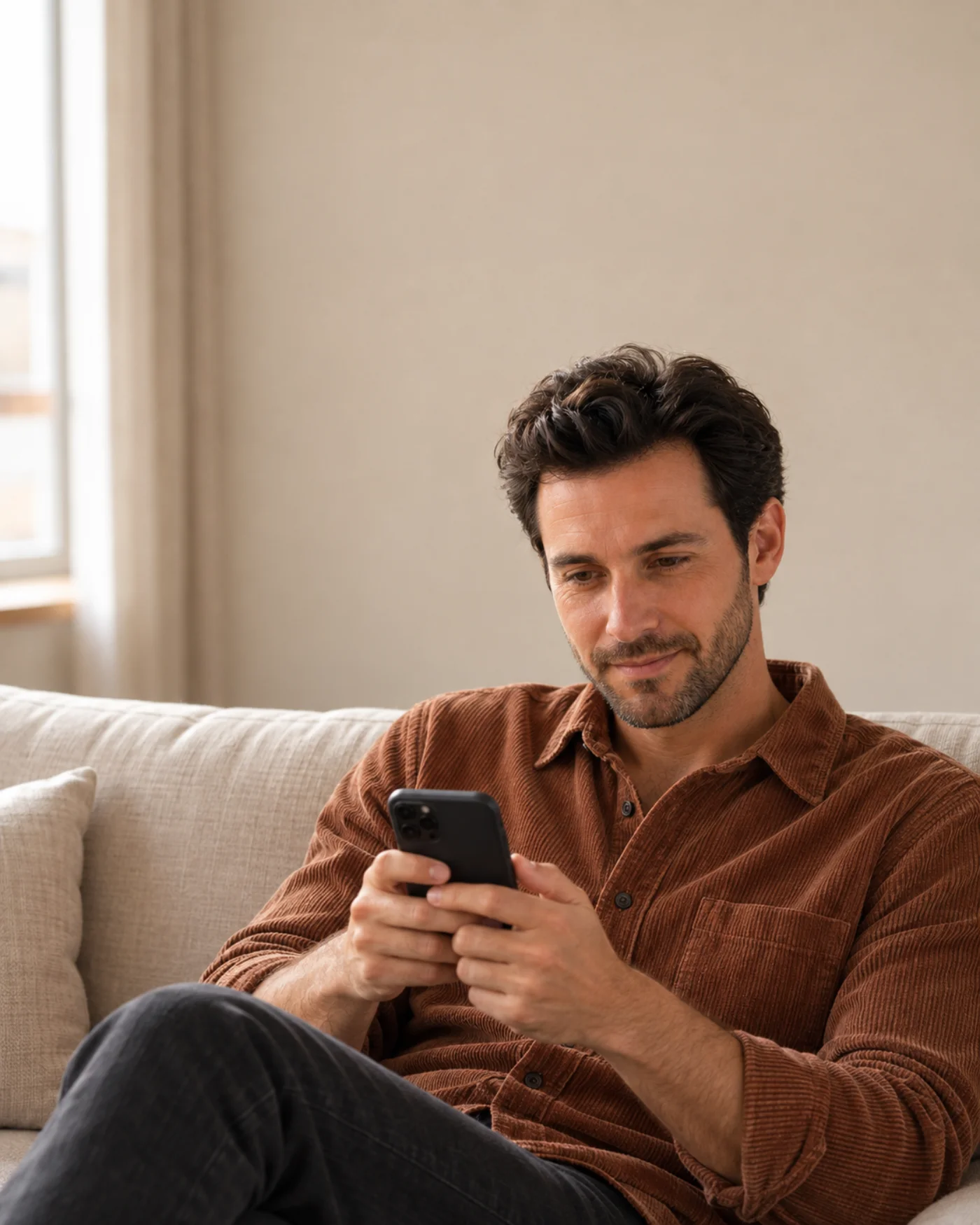 Lächelnder Mann sitzt zuhause auf dem Sofa und schaut auf sein Smartphone, orva Online-Konsultation gegen Haarausfall