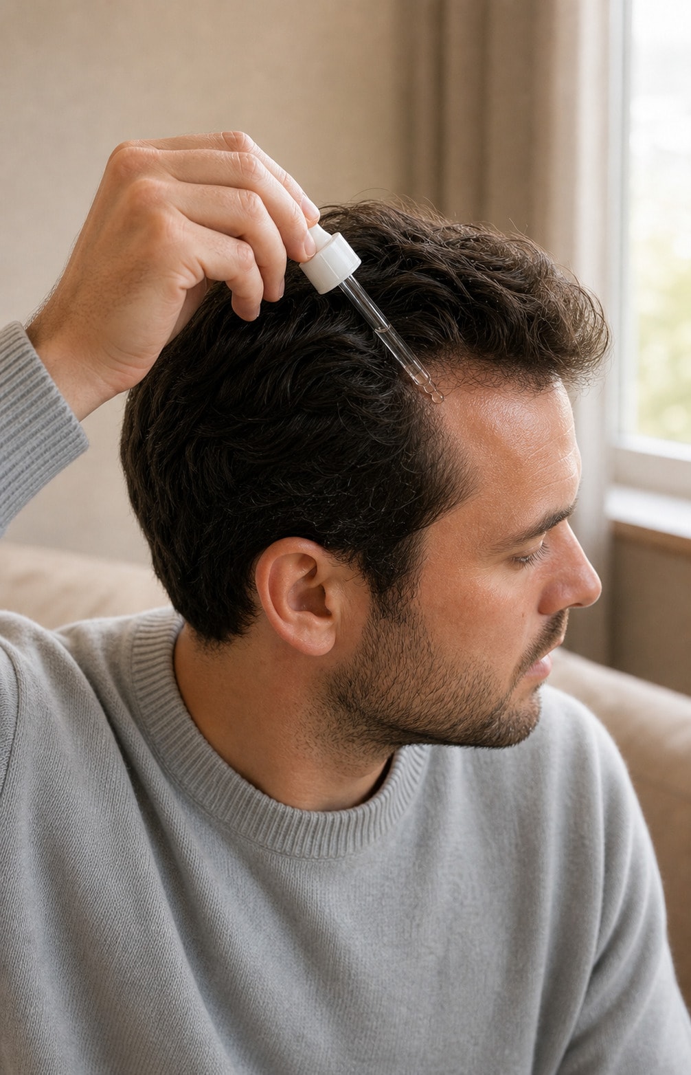 Mann im grauen Pullover trägt zu Hause mit einer Pipette eine topische Lösung am Haaransatz auf