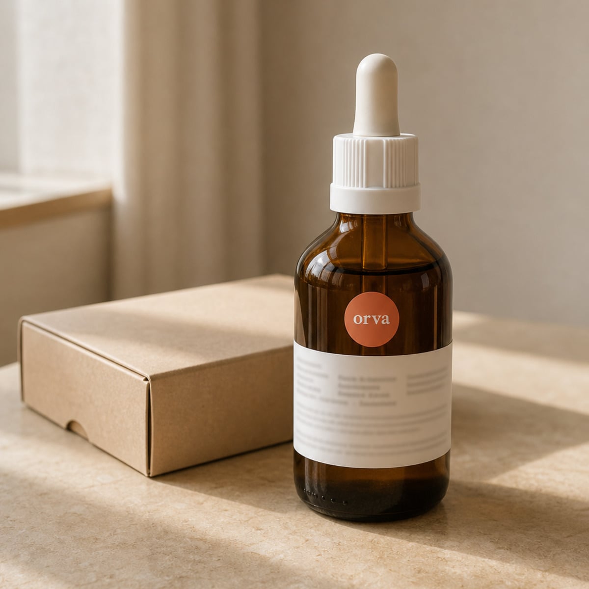 Amber dropper bottle beside a simple cardboard box in warm daylight