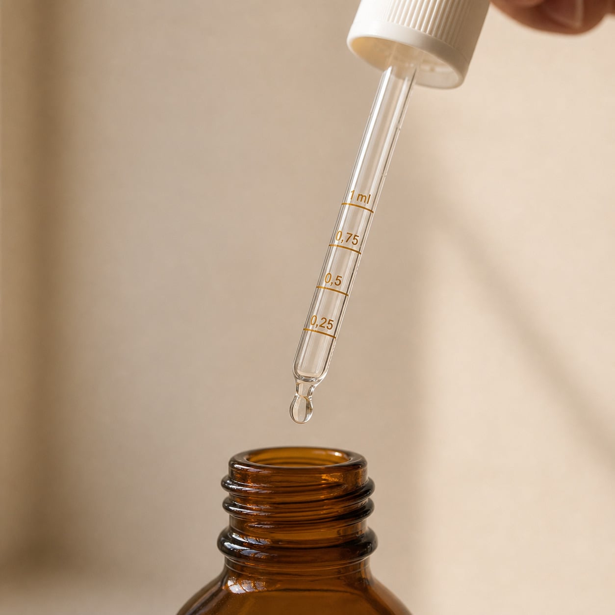 Glaspipette über brauner Apothekenflasche im warmen Licht, Detailaufnahme